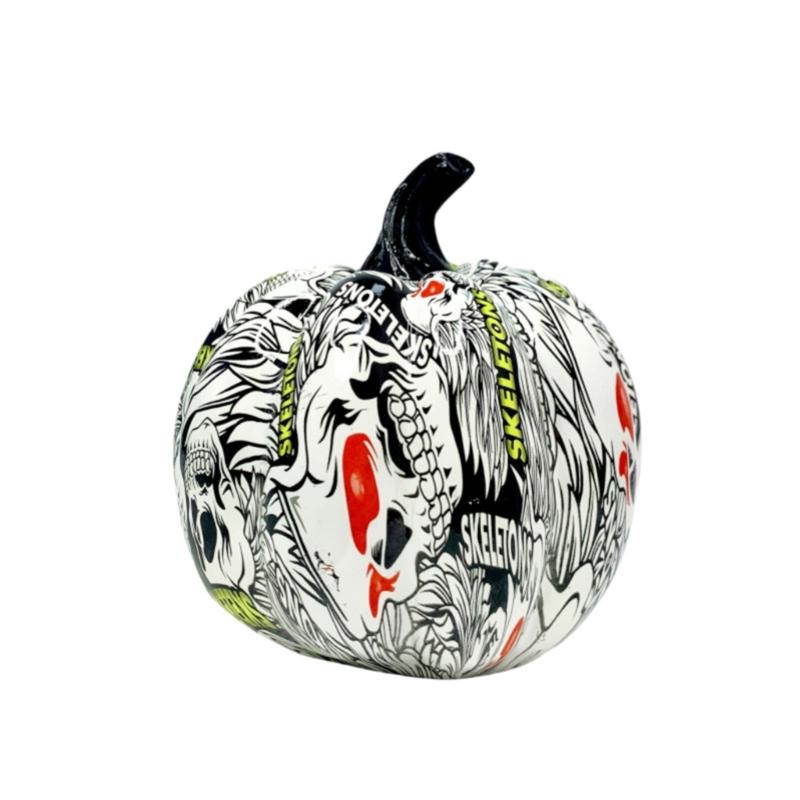 Hall Cabinet Skull Pumpkin Figure with Paint Pattern for Holiday Indoor Shelf Table Room for Mantels Entryway and Home