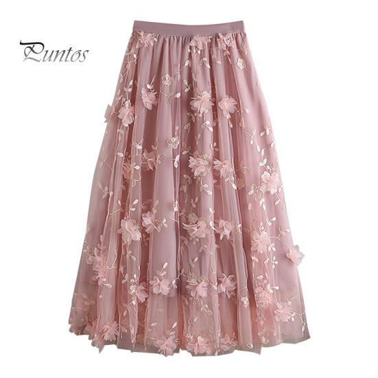 

Женская юбка-миди, эластичная сетчатая юбка с высокой талией и цветочной вышивкой, двухслойная тюлевая юбка трапециевидной формы с большим подолом розовый