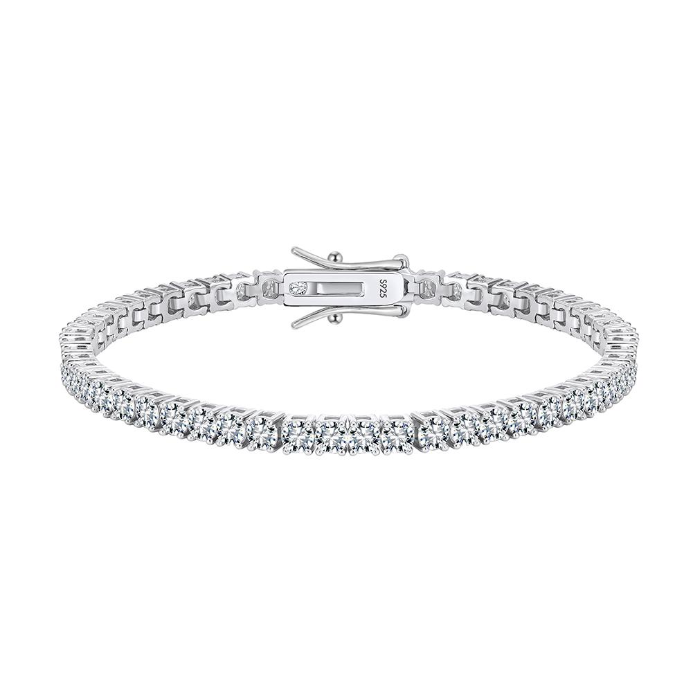 Mirror Polished Solid S925 Silver Flat Slim Tennis Bracelet VVS Micro Moissanite Dual Lock Anti-Slip Clasp