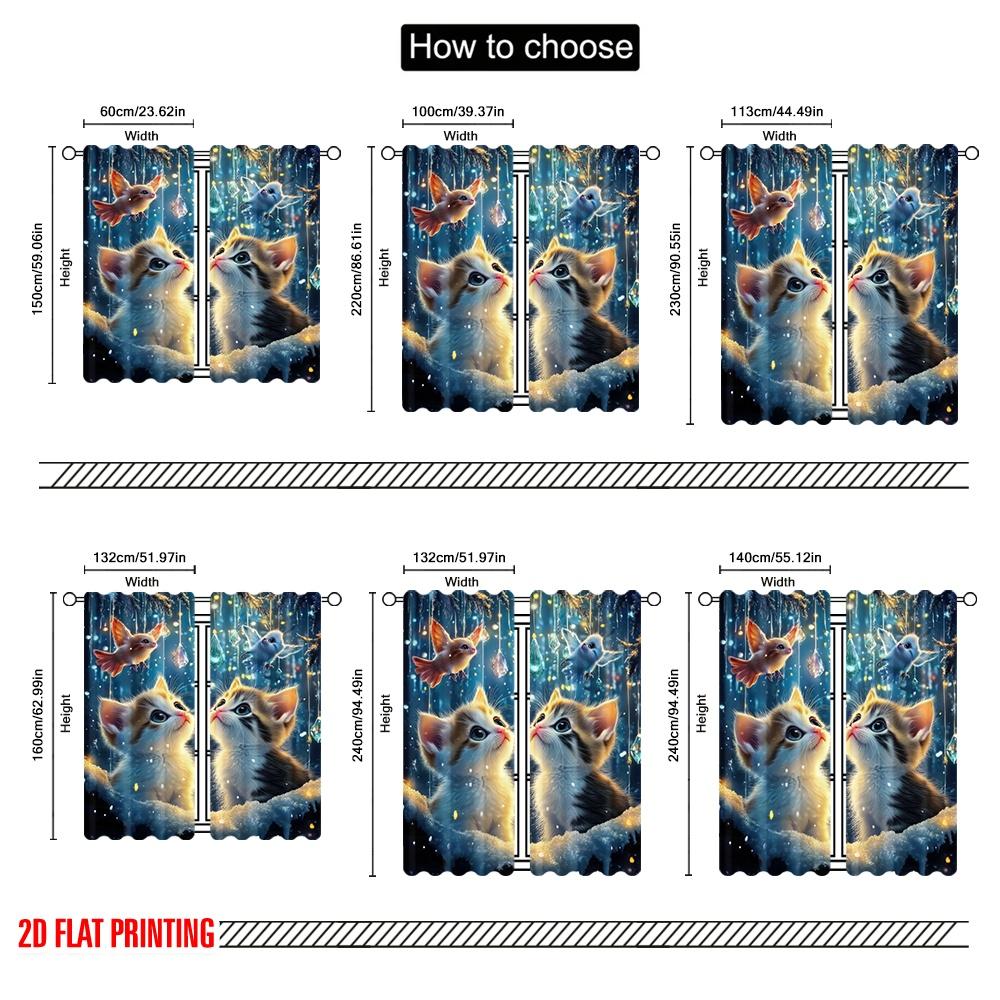 2pcs,2D Plane Printing Print Curtains Crystal Kittens Polyester Woven (without Rod) All Seasons for Living Room, Bedroom & Home
