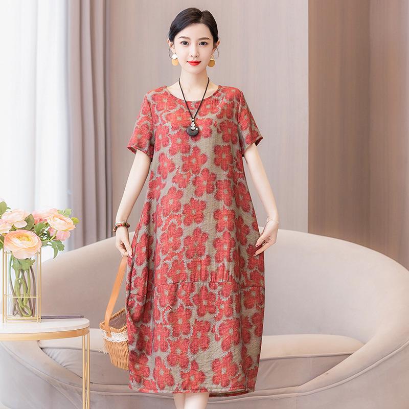 Women's Plus Size Summer Cotton Linen Slimming Midi Dress - Fashionable, Flattering, and Loose Fit