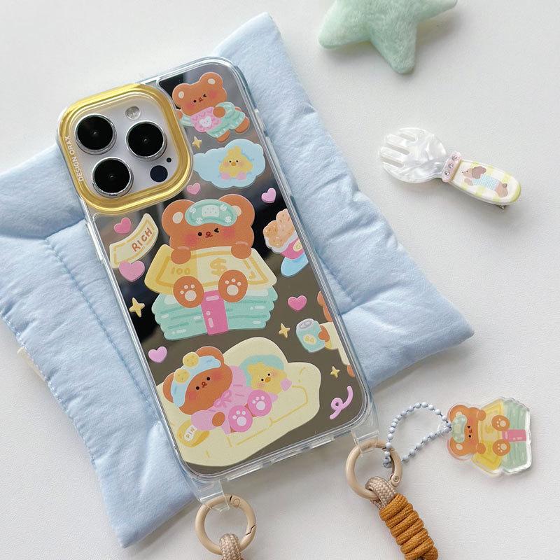 Zhitai Cartoon Mirror Case for iPhone 12-15 Pro Max, with Lanyard - Female Design