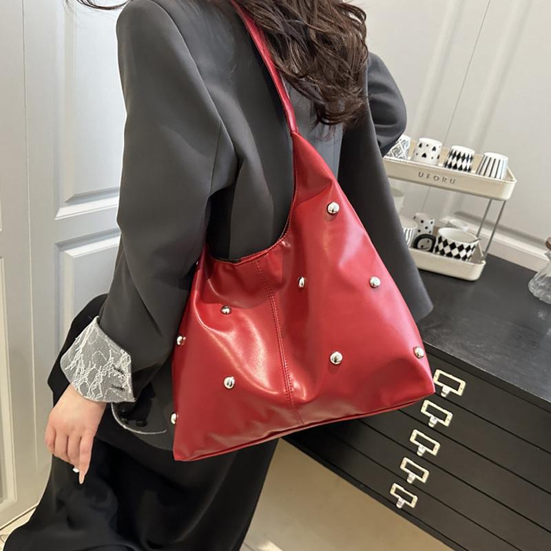 Yogodlns Punk Style Embellished Double-Faced Round Rivet Inlaid Niche Luxury Bucket Bag Chic Lady Underarm Large Capacity Shoulder Bag