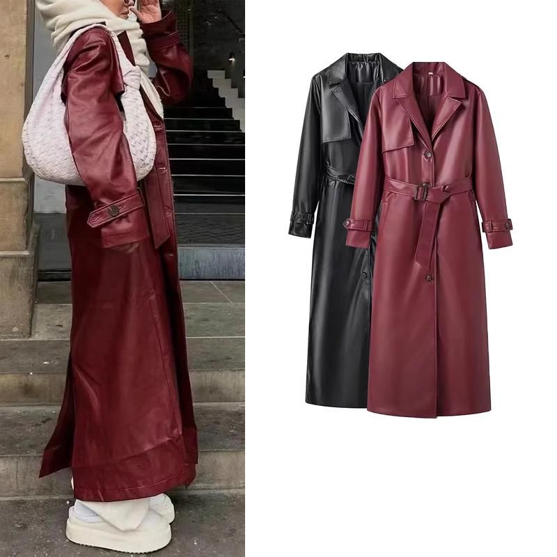 Fall and Winter New Women's Clothing Fashion Style Long Sleeves Lapel Loose with Belt Long Poly Urethane Leather Trench Coat Outwear