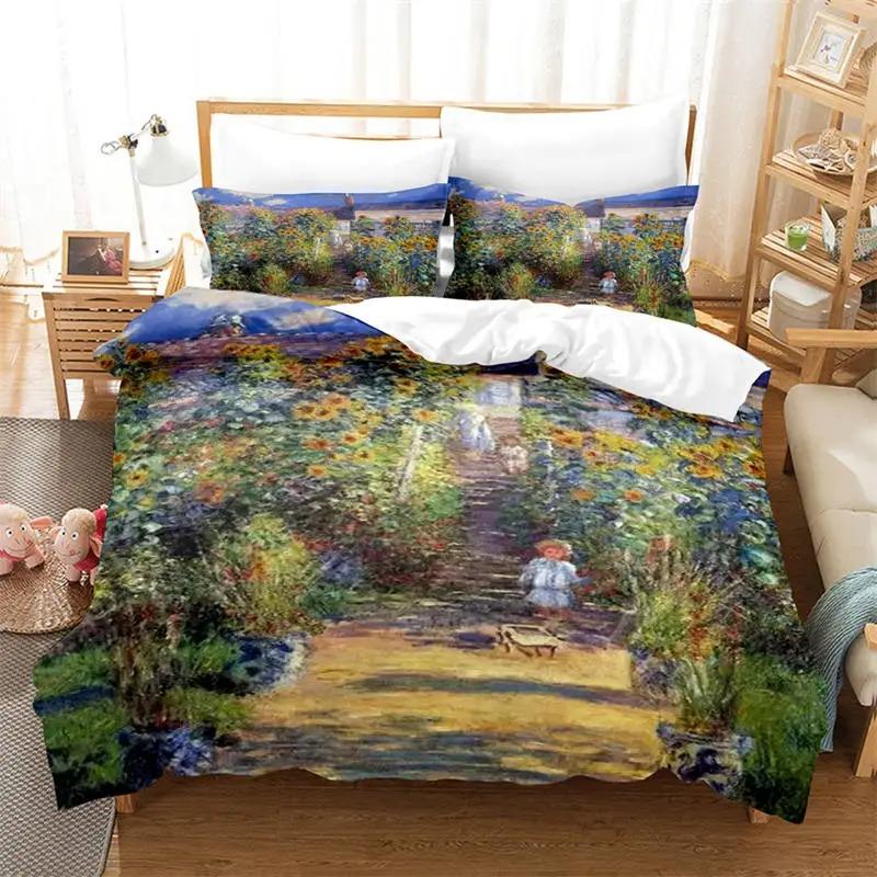 3D Artistic Bedding Set King Monet Van Gogh Style Sky Oil Painting Pattern Printed Duvet Cover With Pillowcases Hot Sale 3PCS