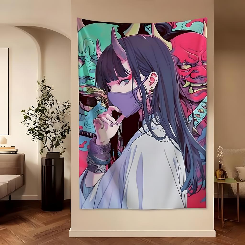 Vaporwave Samurai Anime Girl Tapestry  Unisex Wall Hanging Decor for Bedroom  Living Room