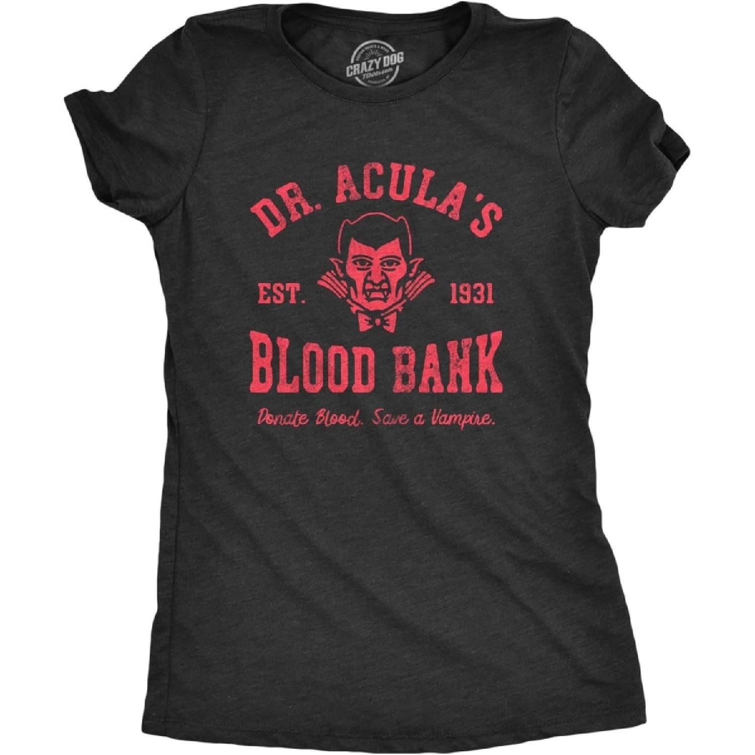 

Womens Dr Aculas Blood Bank T Shirt Funny Scary Halloween Party Vampire Donor Tee for Ladies XXXXXL чорний