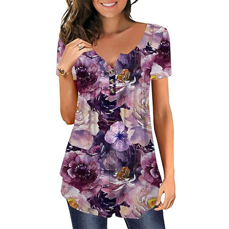 Summer Women's Short Sleeve Floral 3D Printed Buttons T Shirt Ladies Plus Size Top