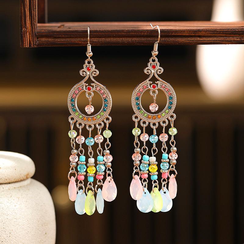 12Colors Bohemian Exquisite Water Drop Earrings for Women Elegant Hollow Round Acrylic Crystal Dangle Earring Female Jewelry