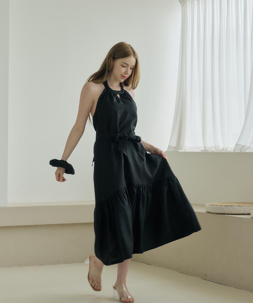Belrma Black Linen Back-Open Ribbon Halterneck Dress