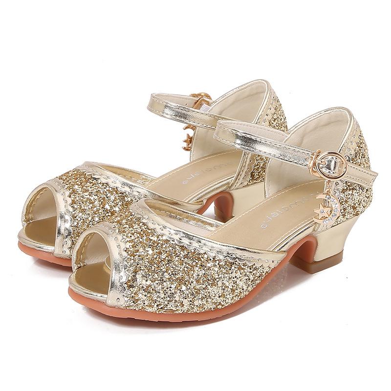 Girls Sandals Children's High Heel Princess Shoes Summer Little Girl Sequined Crystal Shoes Elsa Fashion Mary Jane Classmate
