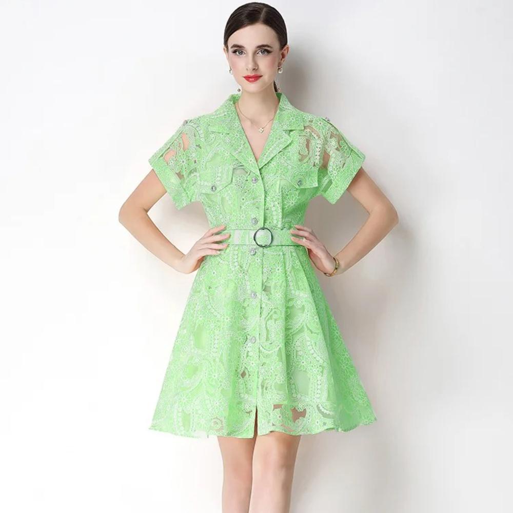 Elegant Lace Embroidery Hollow-out Mini Dress for Women Lapel High Waist A-Line Short Sleeve Single Belt Short Dress Summer