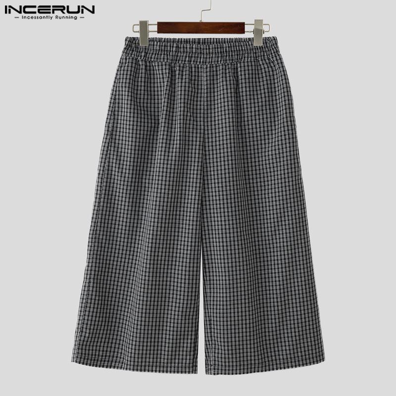 INCERUN Men Elastic Waist Plaid Print Casual Loose Wide Legs Capri Pants Shorts
