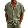Linen Jacquard Shirt with Vertical Stripes Men's Collared Button-Down Loose-Fitting, Breathable Casual Short-Sleeved Shirt