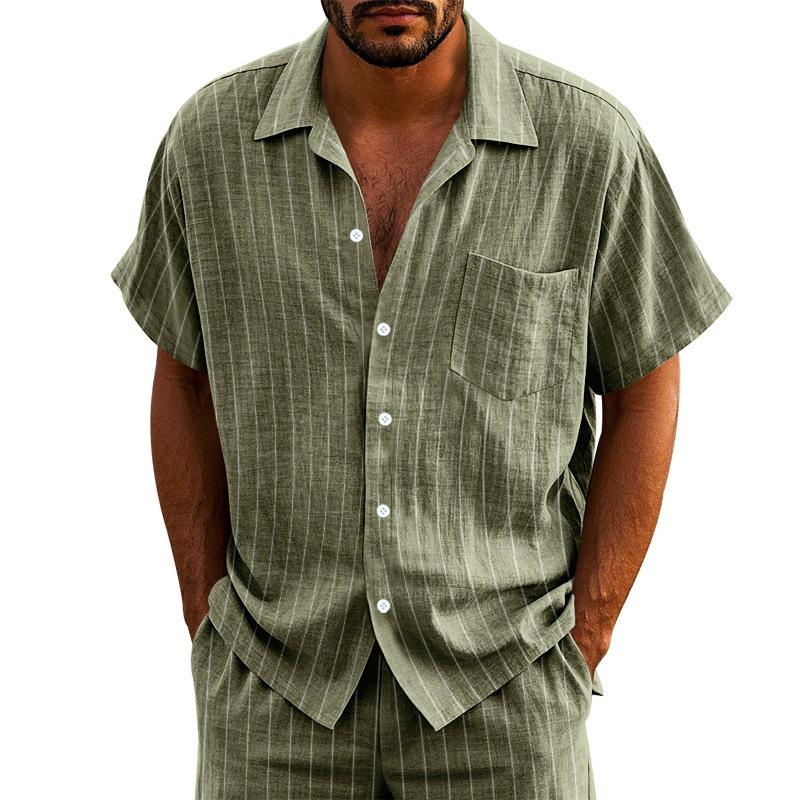 Linen Jacquard Shirt with Vertical Stripes Men's Collared Button-Down Loose-Fitting, Breathable Casual Short-Sleeved Shirt