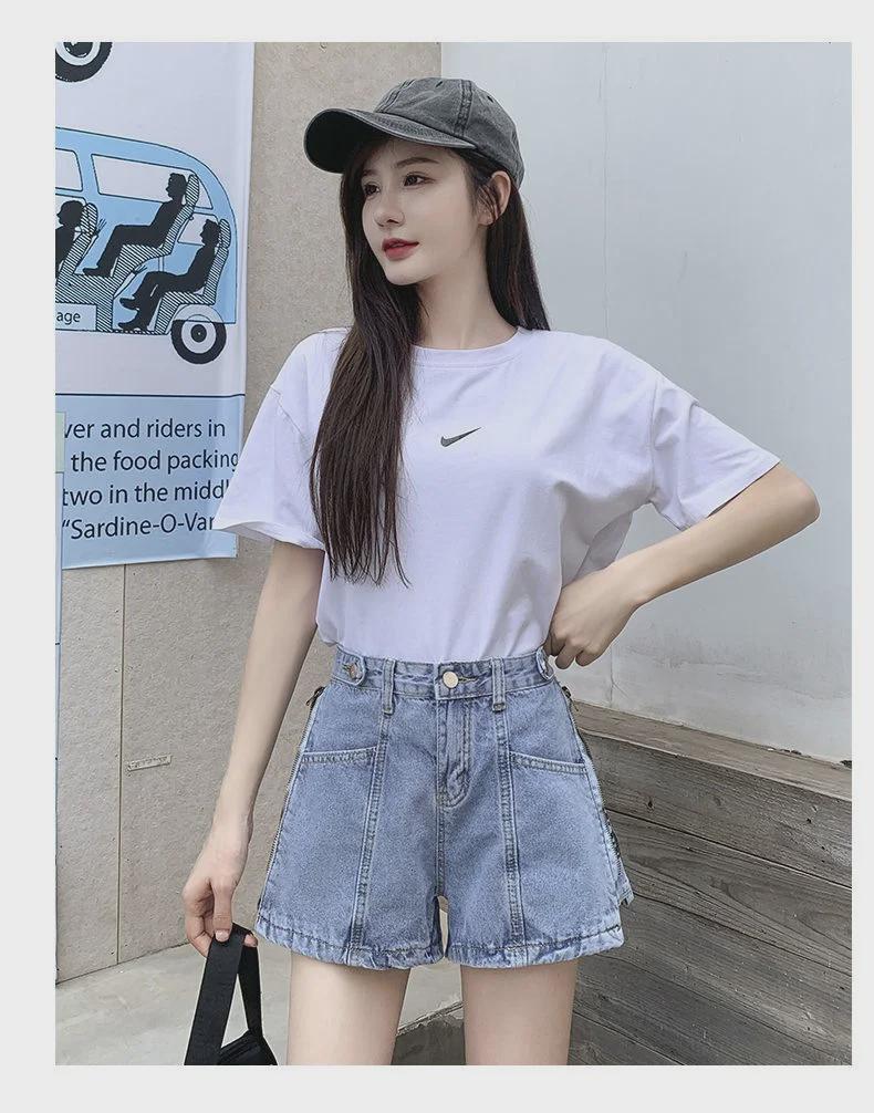 Summer 2021 High-Waist Korean Style Women's Denim Shorts with Side Zipper and Letter Design - Slim, Wide-Leg Hot Pants Trend.