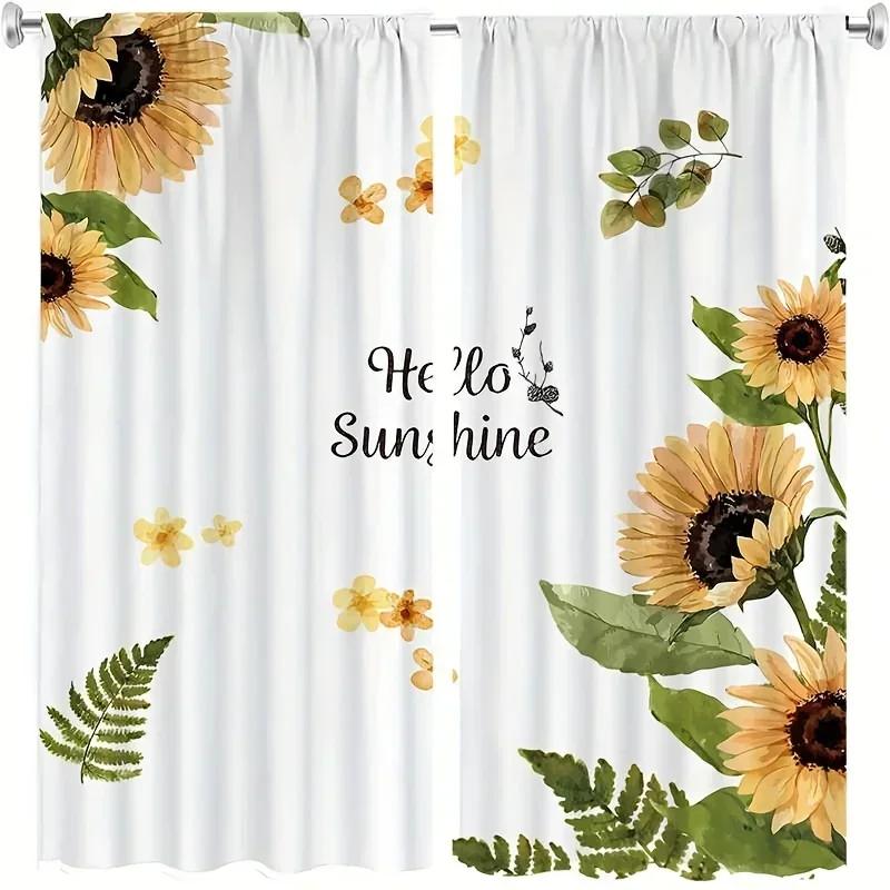 3D 2panels Black Sunflower Printed Curtain, Rod Pocket Curtain For Bedroom Office Kitchen Living Room Study Home Decor