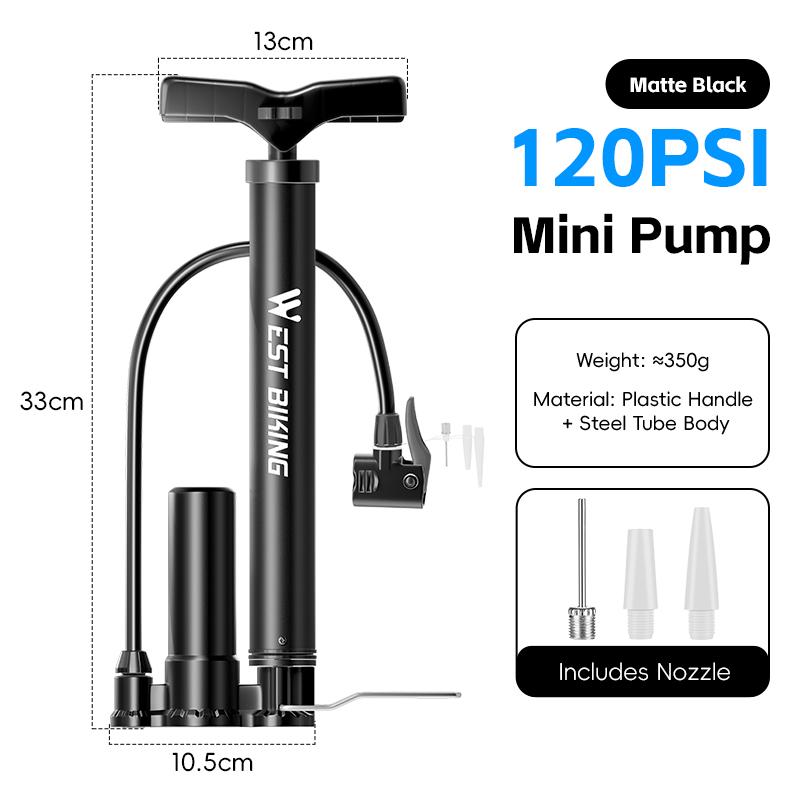 WEST BIKING Bike Pump 120PSI High Pressure Mini Bicycle Pump Schrader/Presta Valve Bike Tire Inflator MTB Road Bike Accessories чёрный