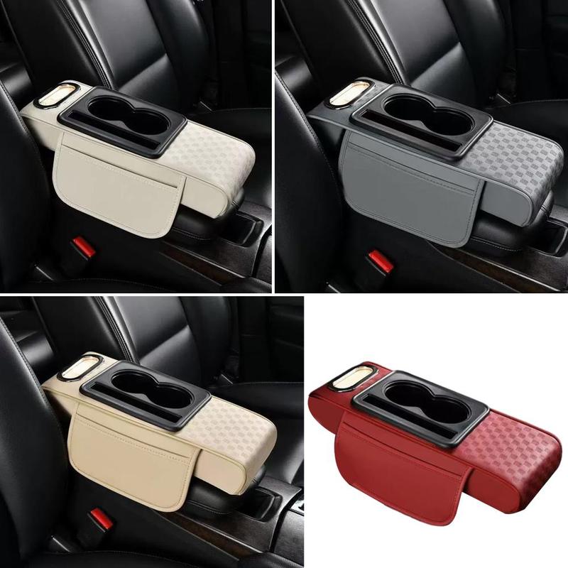Coussin d'accoudoir rehausseur de console centrale de voiture, pad d'accoudoir multifonctionnel en cuir PU avec porte-gobelet, boîte à mouchoirs, universel
