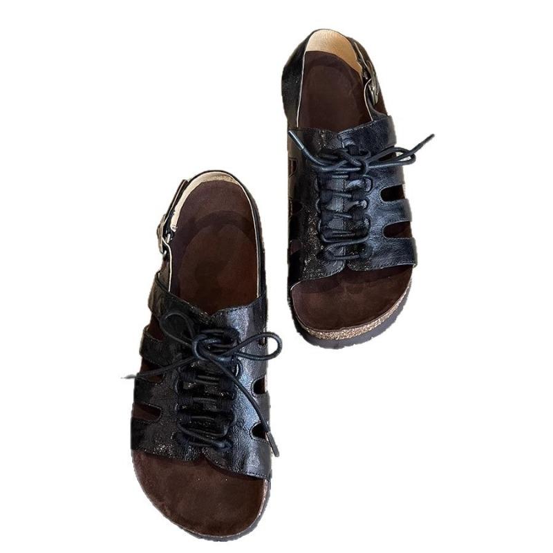 4 heightening new hollow lace-up leather shoes for women to wear retro round head versatile thick-soled beach sandals