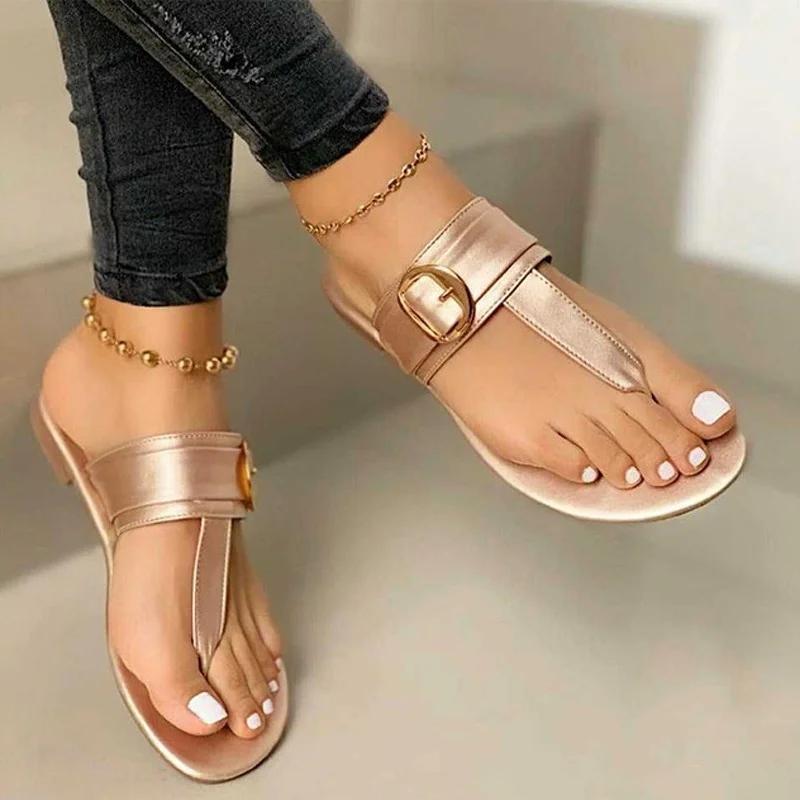 fashion Slippers Women's Flip Flops Clip Toe Flat Sandals Summer T Tied Beach Casual Ladies Shoes Fashion Female PU Leather Footwear New