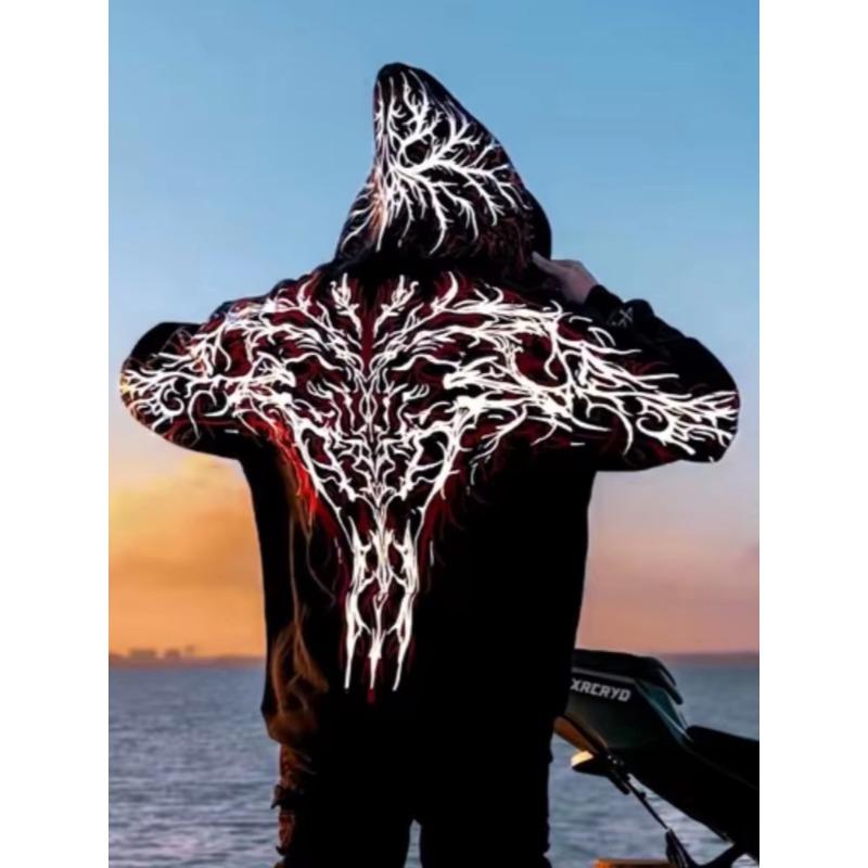 Felpa con Cappuccio Riflettente Stampa Gotica Uomo Donna Harajuku Streetwear Oversize Nera Felpa con Cappuccio Hip Hop Pullover Top Nuovo