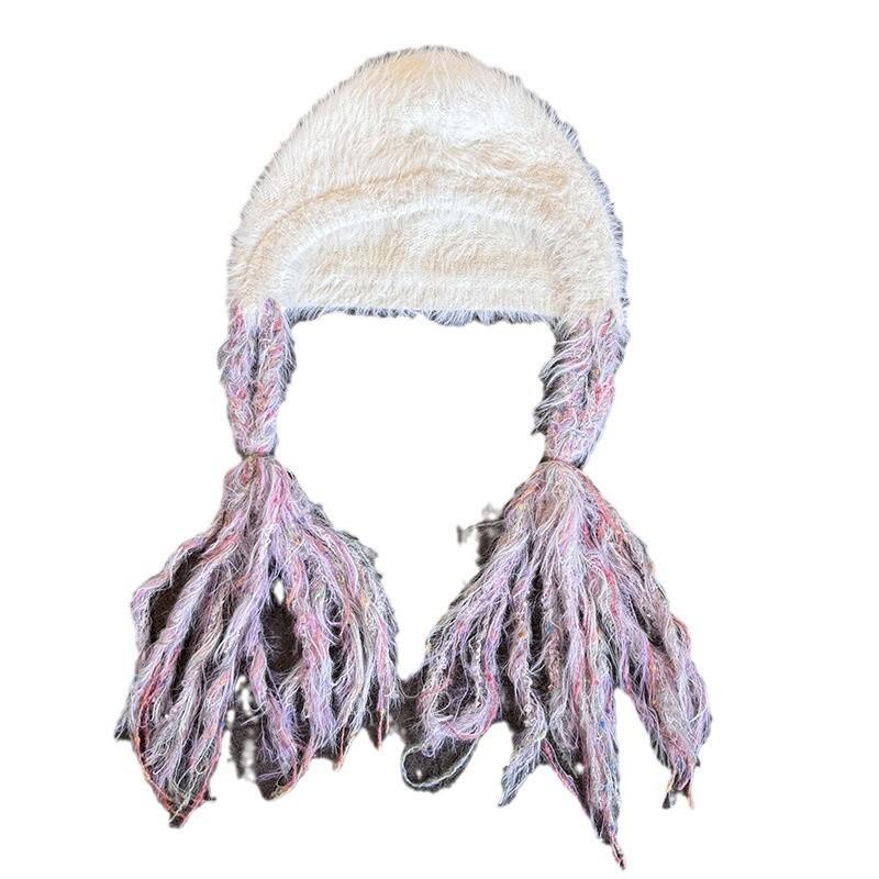 Trendy Girls Knitted Hat Warm Beanie With Cute Braids For Cold Weather Use