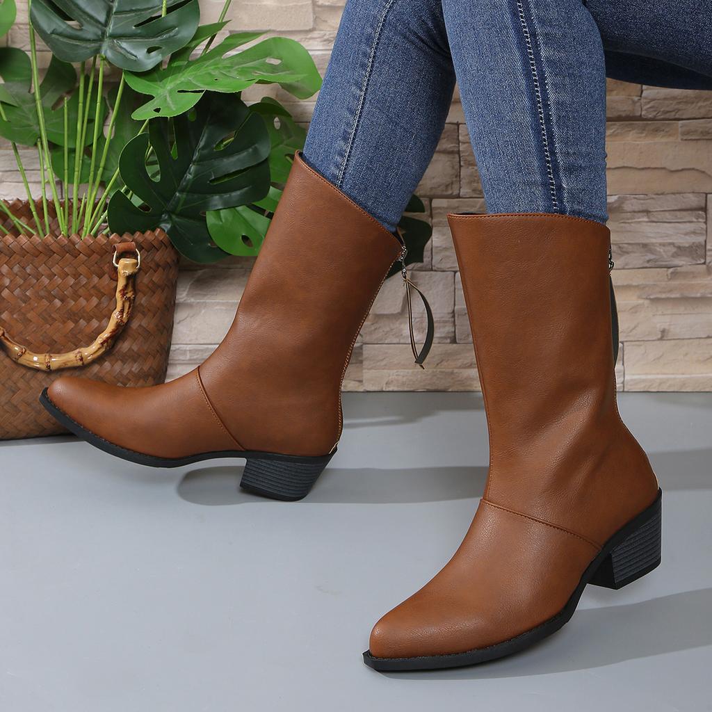 Mode Mode Klobige Absatz Reitstiefel Damen Schwarz Braun PU Leder Mittelhohe Stiefel Frau Herbst Winter Reißverschluss hinten Botas Mujer 2024