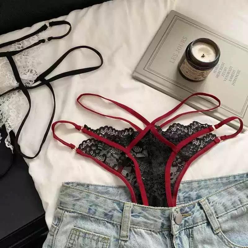 Women Sexy Lace Panties Low-waist G String Breathable Hollow Out Solid Color Thongs