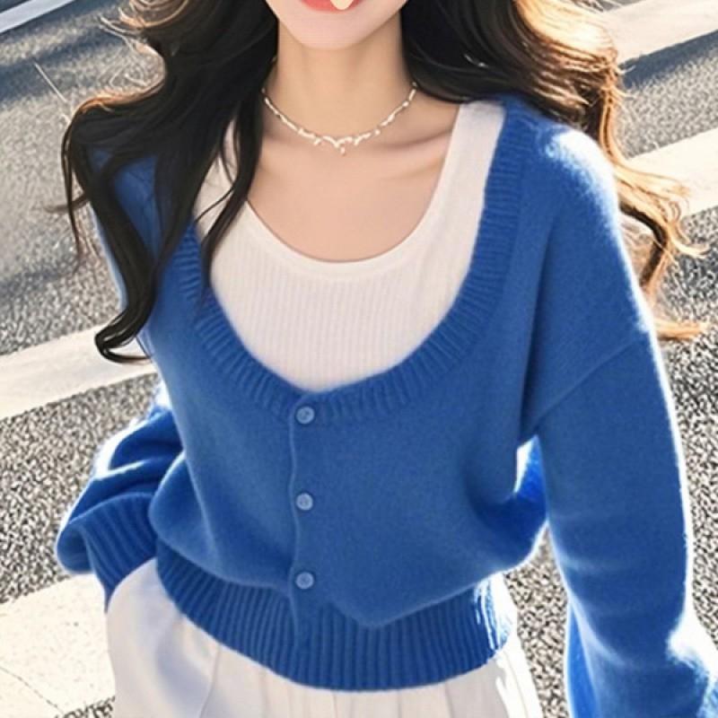 Korean Style Blue Faux Two-Piece Knit Sweater Soft Warm Top Women 2026 Fall Winter Casual Wear