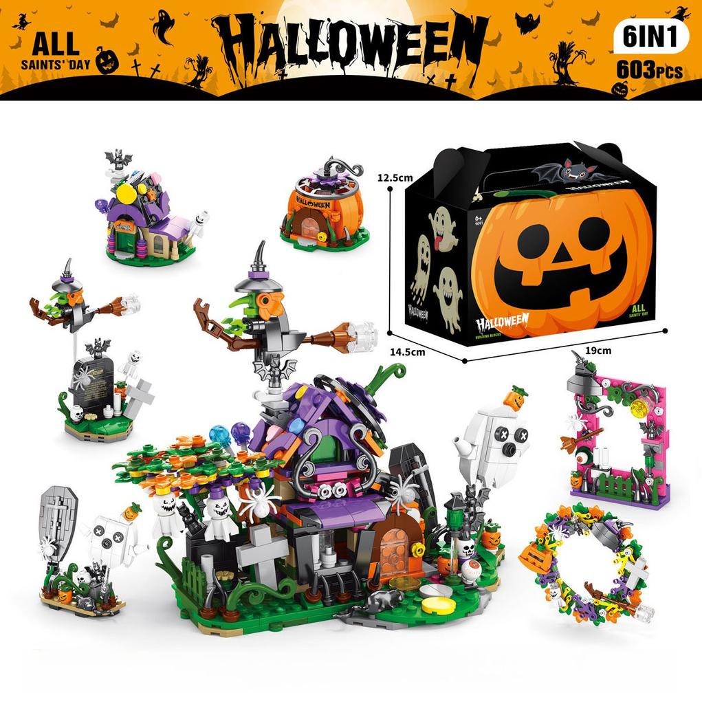 6 in 1 Halloween Prank Haunted House Small Particle Building Blocks Set Assembly Model Puzzle Toy Holiday Gifts for Children