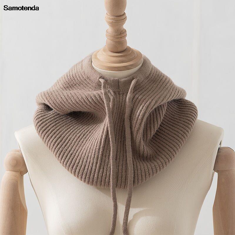 2025 Unisex Knitted Head Hood Faux Cashmere Hooded Neck Collar Cap Head Drawstring Thick Beanie Men Women Adjustable Elastic Hat