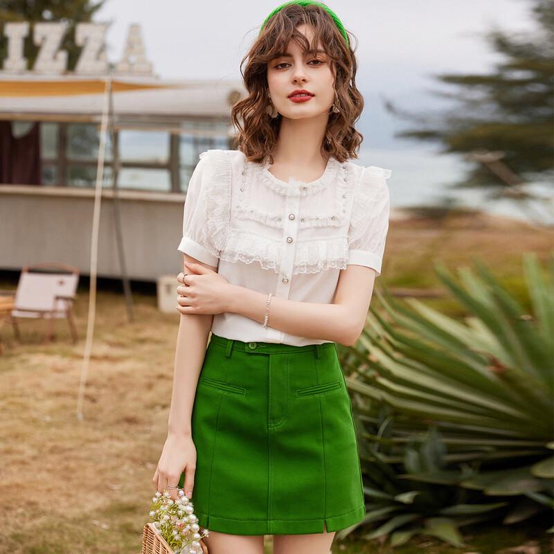 Women's French Elegant Beaded Pleated Short Sleeve Blouse