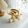 Cute Lying Lucky Cat Resin Figurine with Metal Tray Animal Sculpture for Jewelry Storage Living Room Vanity Table Home Decor