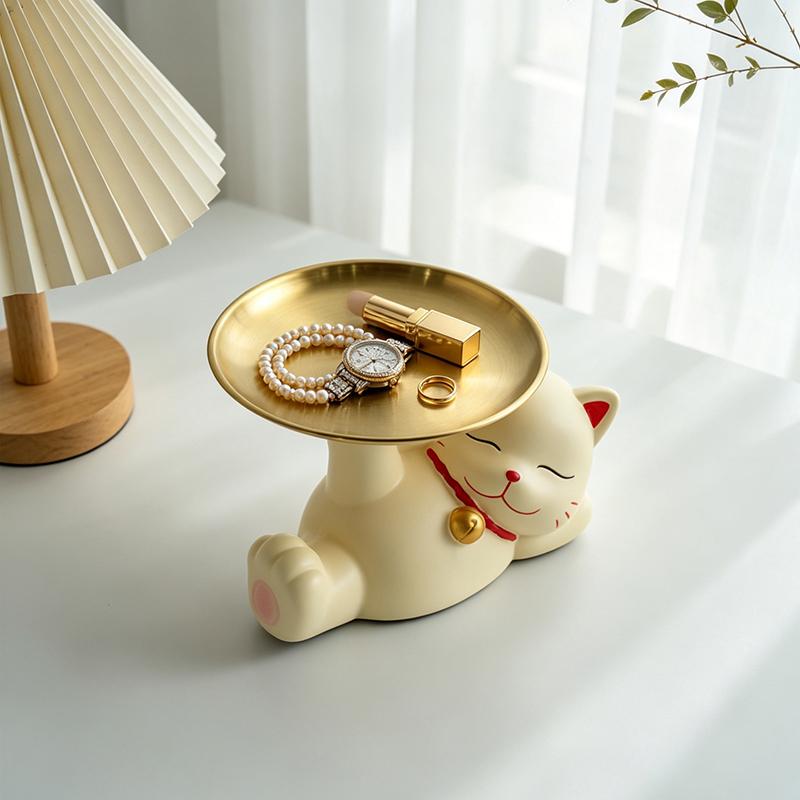 Cute Lying Lucky Cat Resin Figurine with Metal Tray Animal Sculpture for Jewelry Storage Living Room Vanity Table Home Decor