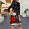 Women's Christmas Printed Fashionable V-neck Button Seven Part Cuff Pocket Dress