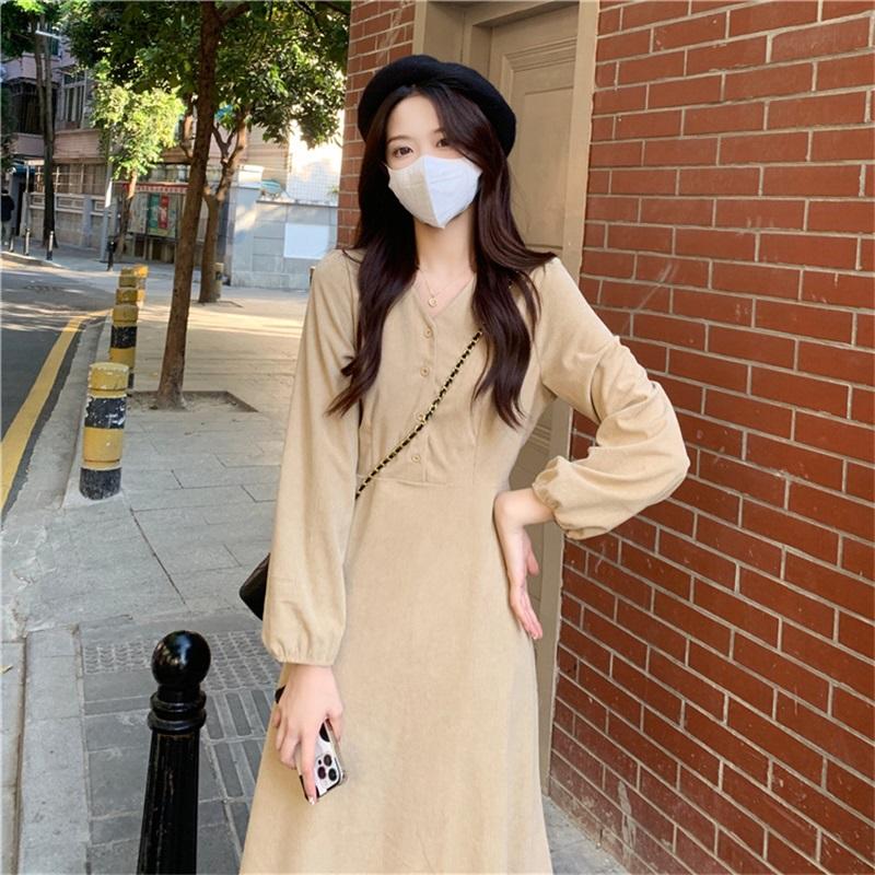 Women's V-Neck Long Sleeve Midi Dress Korean Style Solid Color A-Line Swing Dress Casual Elegant Button Down Dress For Spring Autumn