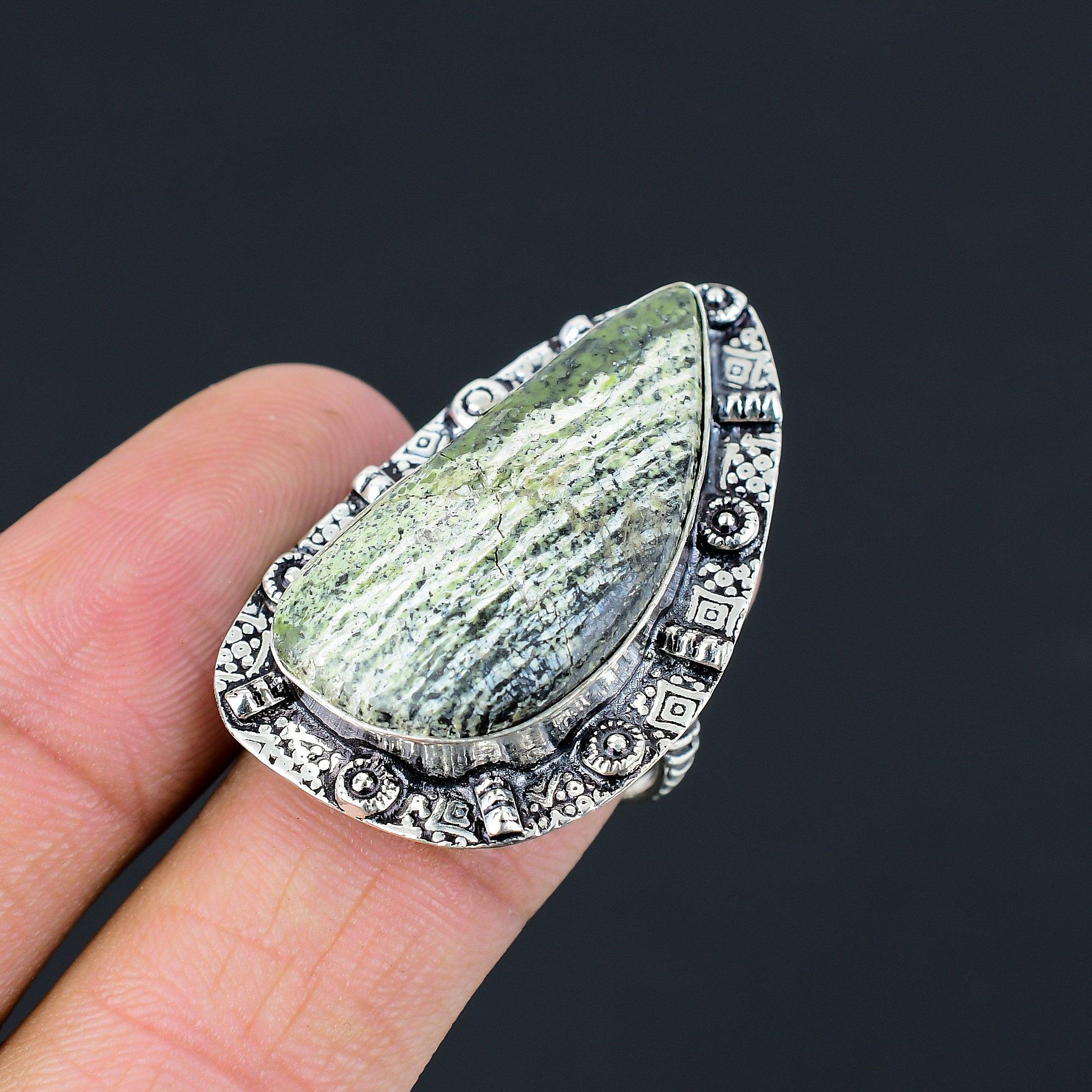 925 Silver Green Swiss Opal Gemstone Statement Mother Boho Ring Jewelry Size 8.5 8.5