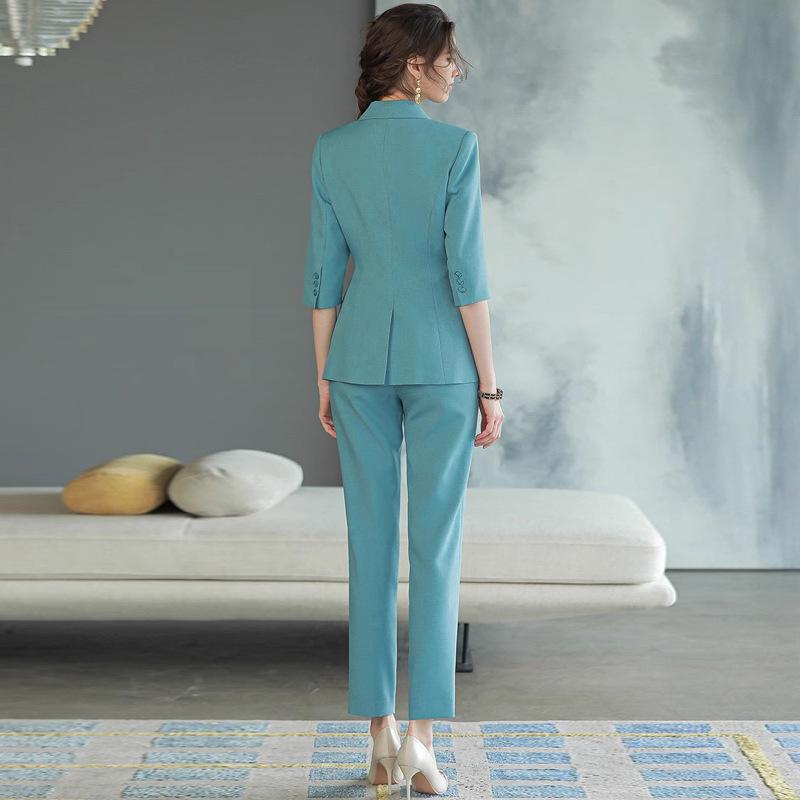 Siebenärmiger Meerblauer Damen Hosenanzug - Temperamentvoller Göttinnen-Stil Zweireihige Arbeitskleidung