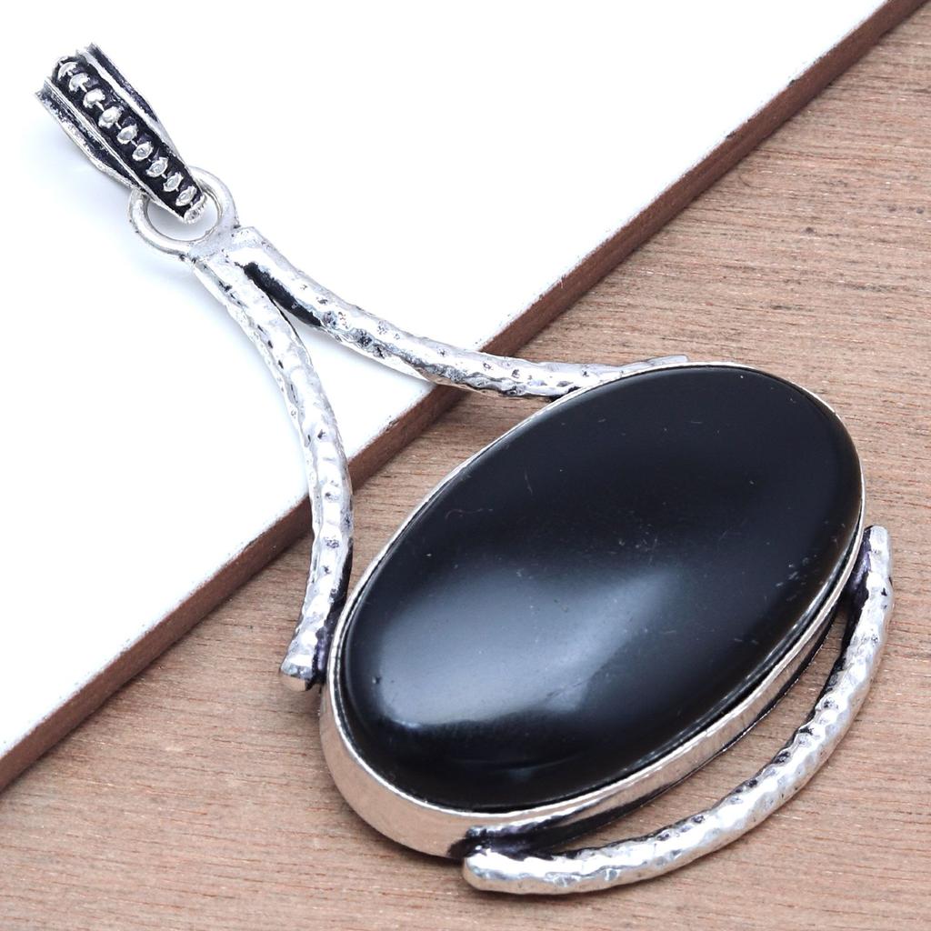 Black Spinal Gemstone Handmade Women's Unisex Silver Jewelry Pendant 2.5