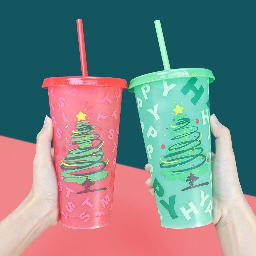 24oz Capacity Color Changing Cup With Straws With Lids Iced Coffee Cup Reusable Plastic Material Cold Drink Cup Christmas Party