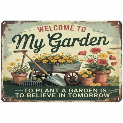 Vintage Metal Poster Wall Art, Welcome To My Garden Sign for Bathroom