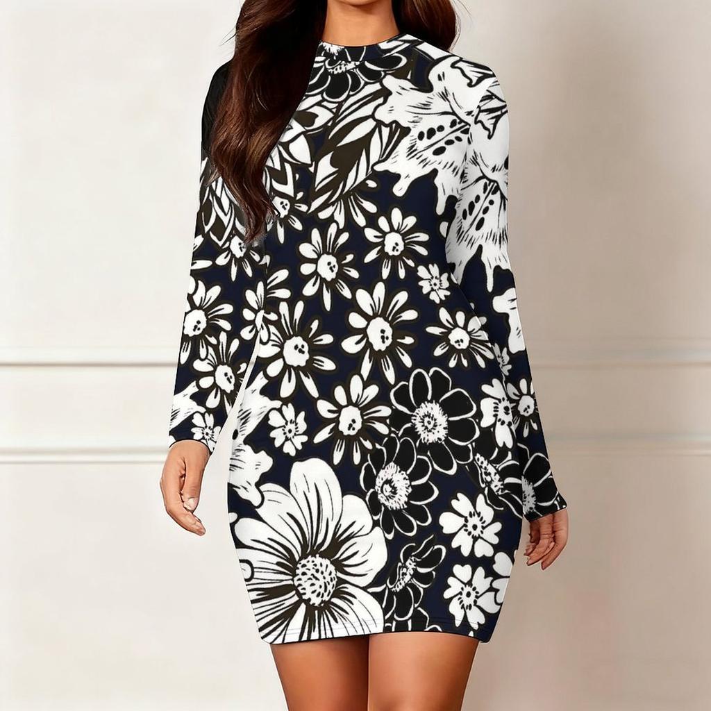 2025 Autumn and Winter New 3D Flower Print and Dyeing Women's Fashion Long-sleeved Round Neck Hip-wrapped Dress Valentine's Day Limited