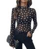 New Style Women's High-neck Semi-sheer Dotted Long-sleeved T-shirt with Sexy Net Fabric Top