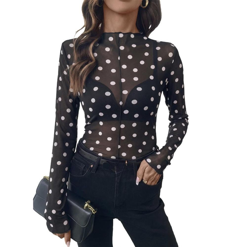 New Style Women s High-neck Semi-sheer Dotted Long-sleeved T-shirt with Sexy Net Fabric Top S