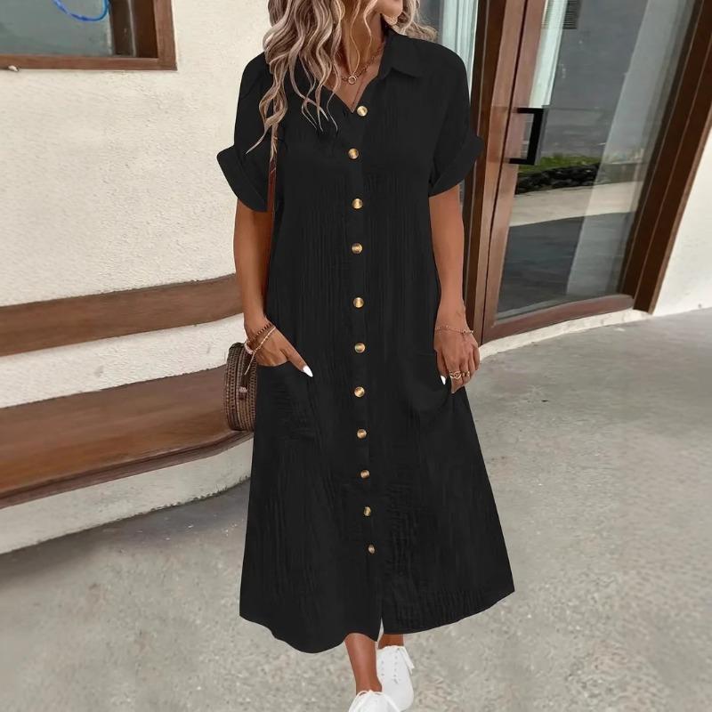Wish summer solid color simple collar button long dress women's clothing