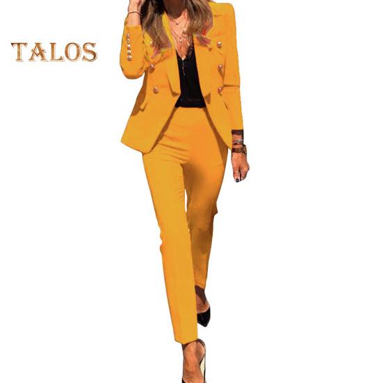 2 ks/sada Lady Formal Coat Kalhoty Set Dlouhé rukávy Knoflík Dekor Klopa Cardigan Bunda střední délky Rovná Vysoký pas Kalhoty Formální Business