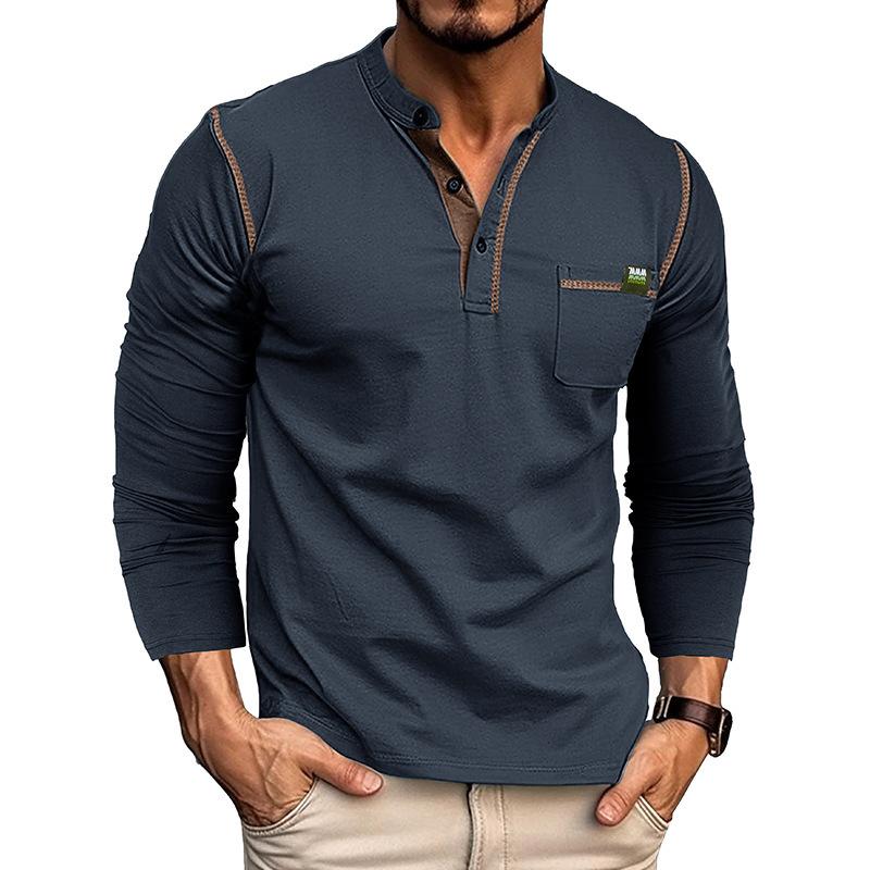 Men's Clothing Button down Shirts Long Sleeves Pullovers Knitted T-shirts In Matching Color Buttons Round Neck Tops with Chest Pockets Stylish Casual