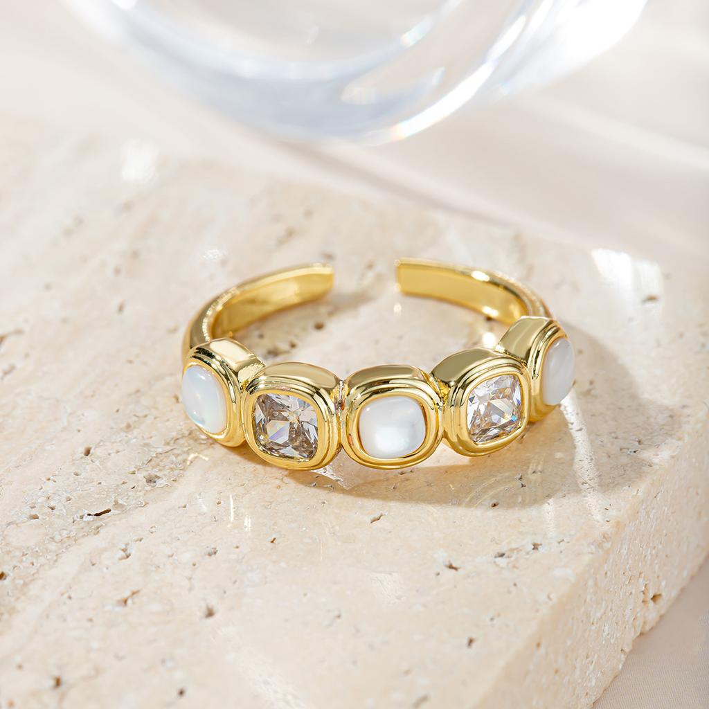Women'S 18K Gold Plated Adjustable Open Ring With White Opal & Clear Cubic Zirconia Stones, Minimalist Stackable Statement Jewel