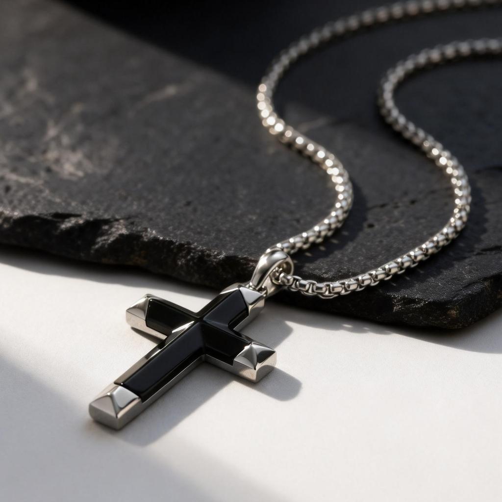 Luxe Natuurlijke Zwarte Onyx Kruis Ketting voor Mannen, Waterdichte Roestvrij Staal Kruis Hanger, Sieraden Cadeau voor Echtgenoot Vader Zoon